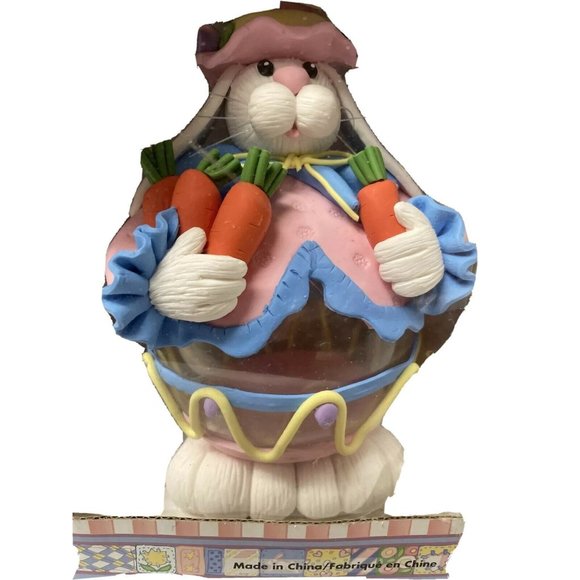 Easter Bunny Rabbit Glass Ball Polymer Clay White Pink Flowers Figure Décor 8" - Picture 1 of 13